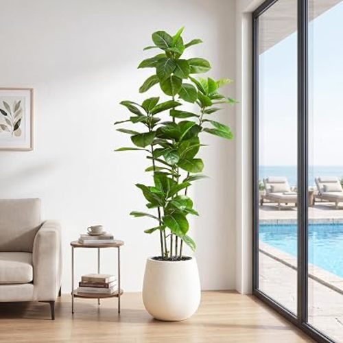 Ficus Tree Artificial, 6FT Tall Fake Plants Indoor in White Pot