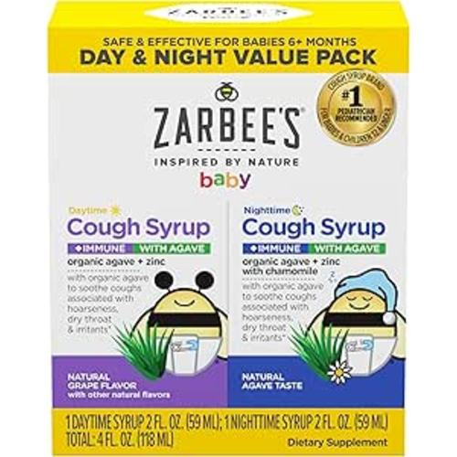 Zarbee’s Baby Day & Night Cough Medicine & Syrup Value Pack with Organic Agave + Zinc for Immune Support, Natural Grape Daytime & Chamomile Nighttime, Baby Cough Medicine, 2 x 2 fl oz