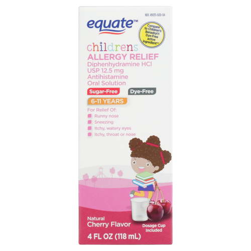 Equate Children's Dye-Free Diphenhydramine Allergy Relief Oral Solution, 12.5 mg, Cherry Flavor, Ages 6 to 11 Years, 4 fl oz, Compare to Children's Benadryl® Dye-Free Active Ingredient HSA/FSA Eligible