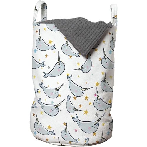 Ambesonne Narwhal Laundry Bag, Unicorn of The Oceans Pattern in Cartoon Style Composition Colorful Design, Hamper Basket with Handles Drawstring Closure for Laundromats, 13" x 19", Grey Gold