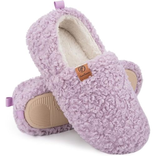 EverFoams Women’s Soft Curly Full Slippers Memory Foam Lightweight House Shoes Cozy Loafer with Polar Fleece Lining