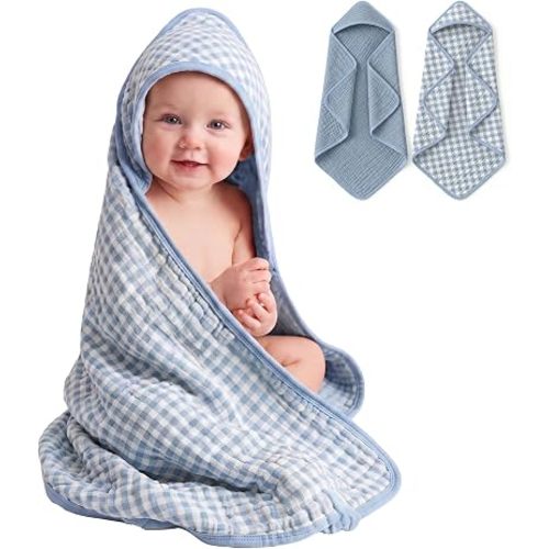 Hahafelt 2 Pack Muslin Hooded Baby Towels 100% Muslin Cotton, Blue