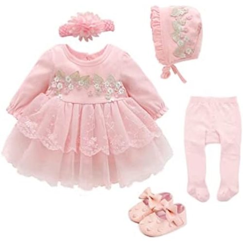 Newborn Baby Girl Dress 0 3 6 Months Infant Pink White Baptism Outfit Party Dresses Hat Shoes Set