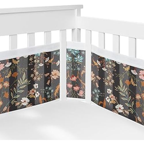 Sweet Jojo Designs + BreathableBaby 2-Piece Breathable Mesh Crib Liner Set (Black Boho Wildflower Vintage Floral) for Girls, Baby, Infants/Newborn Nursery (Bohemian, Farmhouse, Botanical, Cottagecore)