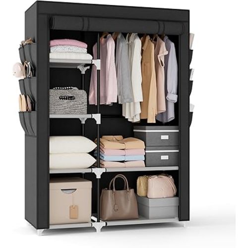 VTRIN Wardrobe Closet, 41.7 Inch Wide Portable Closets for Hanging Clothes with 1 Hanging Rod, 6 Shelves, 6 Pockets, Clothes Rack with Cover Portable Wardrobe Closet for Bedroom, Dorm, Black