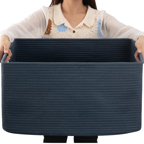 OIAHOMY 75L Large Blanket Basket Woven Storage Basket with Handle Blue | Cotton Rope Basket for Organizing 22”x17”x12”, Blanket Basket living Room, Toy Basket for Nursery