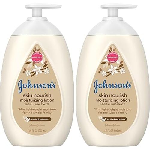 Johnson's Baby Skin Nourish Moisturizing Baby Lotion for Dry Skin with Vanilla & Oat Scents, Gentle & Lightweight Body Lotion for The Whole Family, Hypoallergenic, Dye-Free, 16.9 fl. oz (Pack of 2)