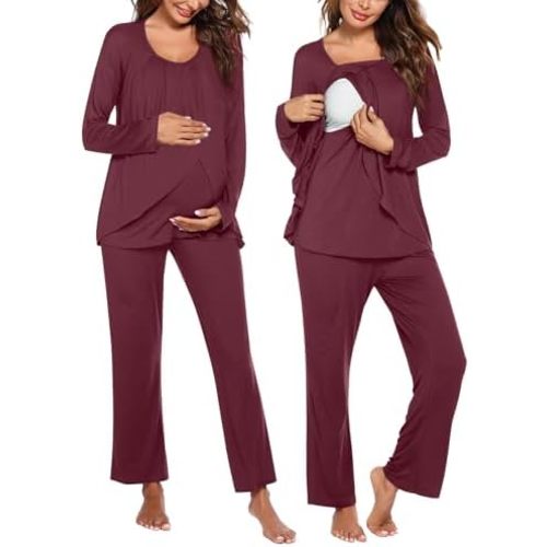 Ekouaer Maternity Nursing Pajama Set Long Sleeve Top & Pants with Pockets Breastfeeding Sleepwear Double Layer Pregnancy