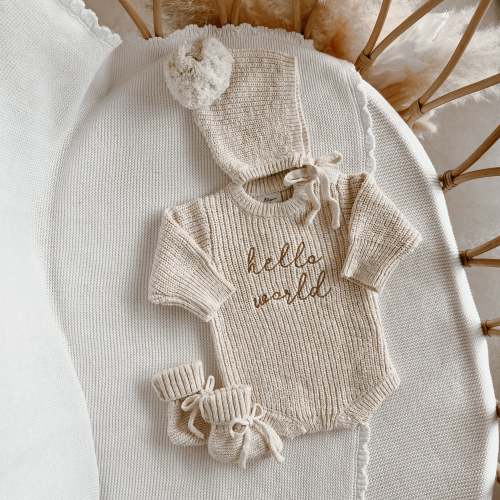 'Hello World' Chunky Knit Romper & Bonnet Bundle