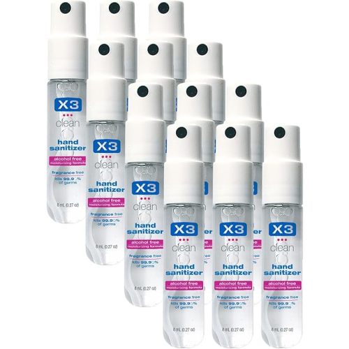 X3 Clean Mini Hand Sanitizer Spray – Alcohol Free and Fragrance Free - Pocket Size 0.27 Ounce Bottles (Pack of 12)