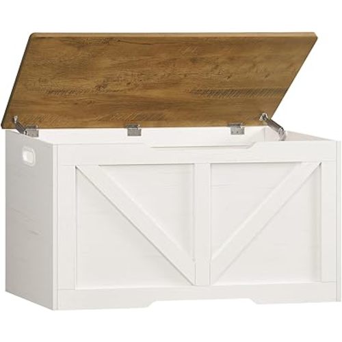 usikey 39.4" Storage Chest, Toy Box with 2 Safety Hinges, Lift Top Wooden Toy Chest, Storage Bench, for Living Room, Bedroom, Entryway, White+Honey Brown