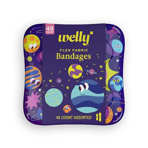 Welly Bandages | Adhesive Flexible Fabric Bravery Badges | Assorted Shapes for Minor Cuts, Scrapes, and Wounds | Colorful and Fun First Aid Tin | Space Patterns - 48 Count