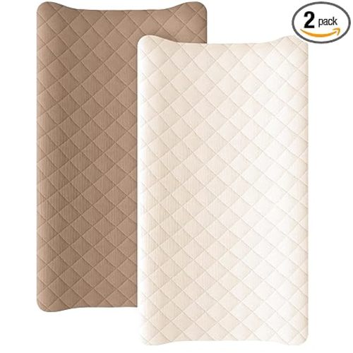 Konssy Waterproof Muslin Changing Pad Cover 2 Pack, Quilted Cotton Fitted Diaper Changing Table Cover, Soft Changing Pad Sheets for Girls Boys (Brown, Cream)
