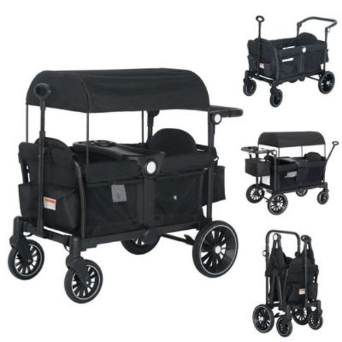 Kinder King 2-Seat Wagon Stroller, All-Terrain Foldable Stroller Wagon for Toddlers with Canopy, Snack Tray & Push/Pull Bar