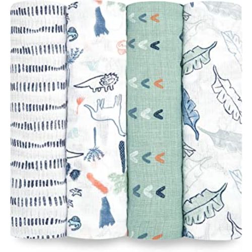 aden + anais Essentials Swaddle Blanket, Muslin Blankets for Girls & Boys, Baby Receiving Swaddles, Newborn Gifts, Infant Shower Items, Wearable Swaddling Set, 4 Pk, Dinotime