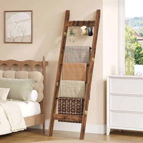 Hzuaneri Blanket Ladder Decorative Quilt Rack with 4 Removable Hooks