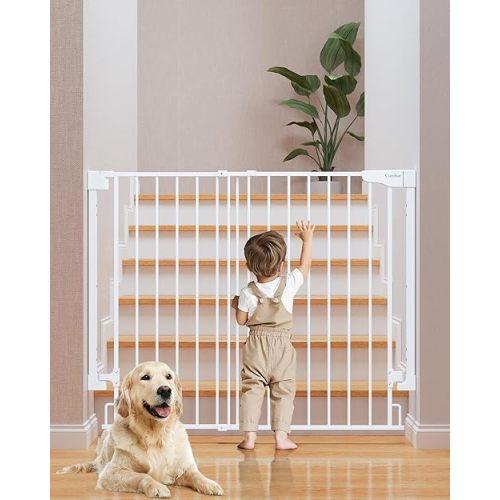 Cumbor 34" Extra Tall No Bottom Bar Baby Gate for Stairs, Auto Close Dog Gate Indoor for Larger Pets, 29.2-43" Hardware Mounted Safety Gate for Doorways, Wide Walk Thru Door for Easy Access (White)