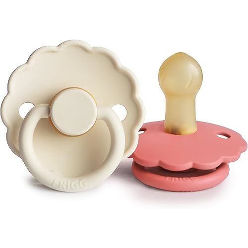 FRIGG Daisy Natural Rubber Baby Pacifier | Made in Denmark | BPA-Free (Cream/Poppy, Size 1) 2-Pack