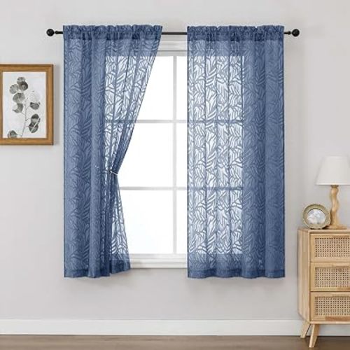 Dusty Blue Sheer Curtains 63 Inch Length 2 Panel, Light Filtering Bedroom Curtains with Dual Rod Pocket, Leaf Clip Jacquard Sheer Farmhouse Window Drapes for Living Room, 2x42Wx63L Inches