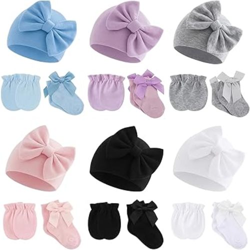 6 Pack Preemie Hats Mittens and Socks Set,Newborn Cotton Bow Caps and No Scratch Preemie Mittens Socks for Infant Baby Girl New Born 0-6 Months