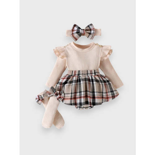 3 Pcs Baby Girl Plaid Bow Bodysuit and Socks Set