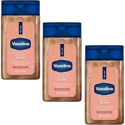 Vaseline Glazed and Glisten Sunlit Glow Body Gel Oil, Ultra-Hydrating Lipids with 100% Pure Cocoa Butter and Shimmering Oil, Vanilla Cocoa Scent, 1.69 Fl Oz, 3 Pack