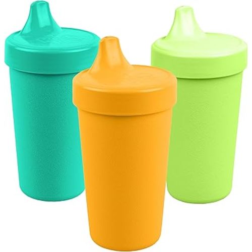 Re-Play Spill-Proof Sippy Cups for Toddlers - Kids Reusable 10 Oz Set of 3, Dishwasher & Microwave Safe, Made in USA, Aqua Asst