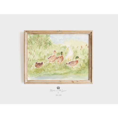 Watercolor Mallard Ducks Print, Duck Pond Art Print, Duck Nursery Print, Farm Nursery, Giclee Art Print, Vintage Style Nursery Print