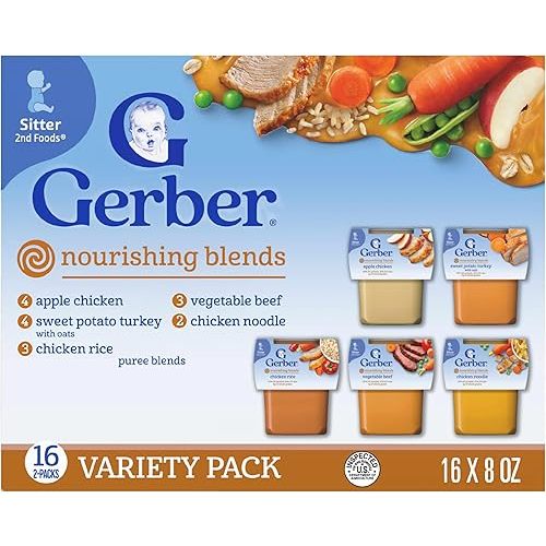 Gerber Stage 2 Baby Food, Nourishing Blends Puree Tubs, No Added Colors or Flavors, Baby Puree, Variety 32-Pack