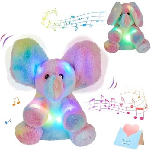 Glow Guards 12'' Light up Peek-a-Boo Elephant Stuffed Animal Musical Rainbow Elephant Singing Stuffed Animal Electric Interactive Toys Christmas Holiday Birthday Gifts for Toddler Kids