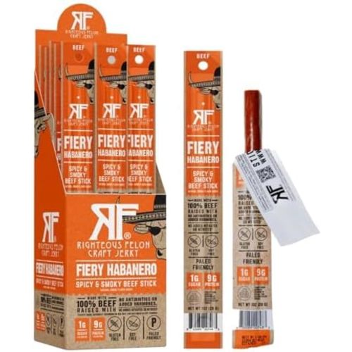 Righteous Felon Meat Sticks | 100% Grass Fed Beef | 9g Protein per Stick | Keto, Gluten-Free, Low Sugar, High Protein Snack Sticks | Individually Wrapped | Fiery Habanero Beef Sticks, 24 Count