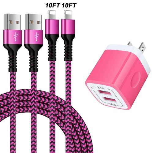 Bioonis iPhone Charger Pack, 2-Pack 10FT Lightning Cable, Dual-Port Wall Adapter, Pink