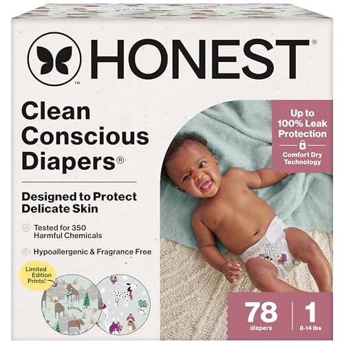 The Honest Company Clean Conscious Diapers for Delicate Skin | Up to 100% Leakproof | Hypoallergenic, Fragrance Free | Winter '25 Limited Edition Prints | Club Box, Size 1 (8-14 lbs), 78 Count