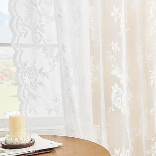 Sheer Lace Curtains 72 Inch Length 2 Panels White Floral Curtains for Living Room Bedroom Rod Pocket Light Filtering Drapes Victorian Flower Window Curtains Decor, 52x72