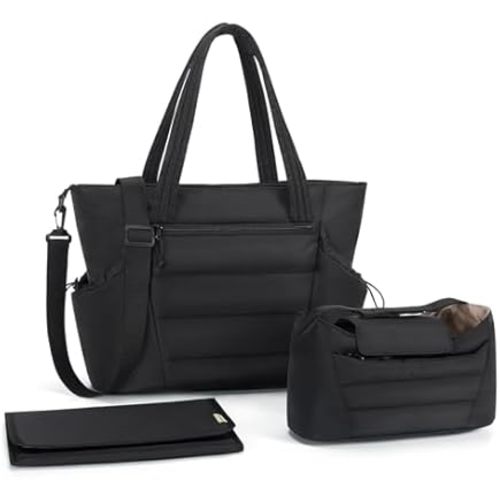 3-Piece Quilted Diaper Bag Set with Changing Mat, Large Capacity Tote with Shoulder Strap, Black