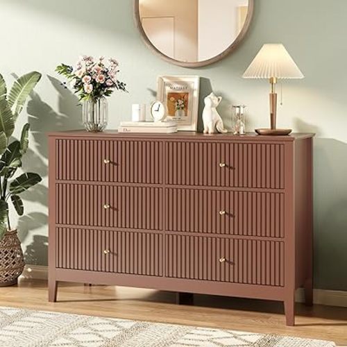 Brown Dresser for Bedroom, 6 Drawers Fluted Chest of Drawers with Storage, Modern Wide Storage Dresser with Paint Design, Wood Drawer Organizer Beige Dressers for Entryway, Hallway