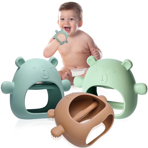 TFav Baby Bear hand Teether -3 pc Blue, Brown & Green -Silicone Teething mitt for 0-6 Months Boys -Hand Pacifier That Fits on Fist -Wearable Gloves Chew Toy -Calm Down The Fussy Baby