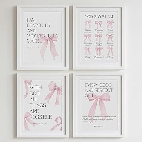 DTLGTG Coquette Pink Bow Wall Decor | Set of 4 Aesthetic Posters for Teen Girls Bedroom Dorm Bathroom - 8x10in Unframed Art Prints - Cute College Girl Gift - B01