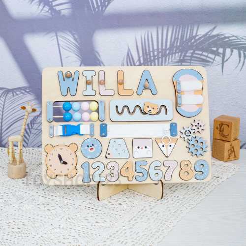 Montessori Wooden Busy Board, Custom Name Puzzle with Animals, Christmas Gift for Baby, First Birthday Gift
