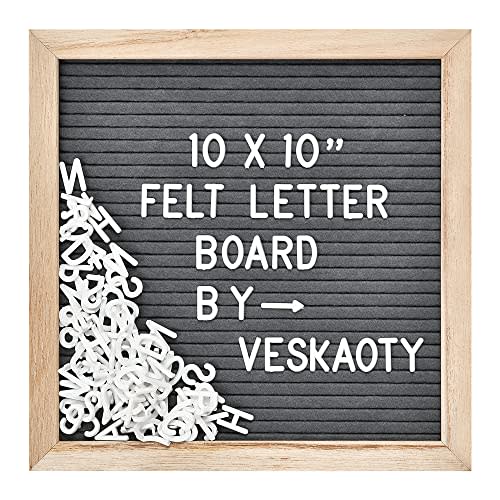Felt Letter Board with 294 Letters, Numbers & Symbols - 10 x 10 inch Changeable Message Board with Wooden Frame Wall Mount Hook, Gray & Wood