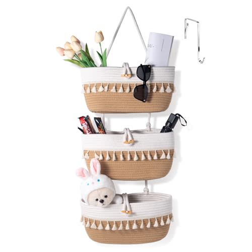 Oradrem Over the Door Macrame Basket Cotton Rope Organizer,3 Tier Wall Hanging Storage Basket, 14.5"x7" Closet Organizing, Decorative Baskets for Organizing Living Room