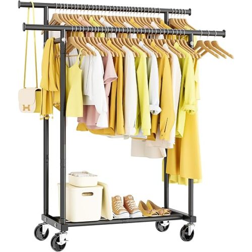 HYSEYY Double Rods Clothes Rack, Rolling Clothing Rack for Hanging Clothes Portable Wardrobe Rack, Metal Garment Rack Sturdy Coat Rack for Bedroom Laundry Living Room, Black