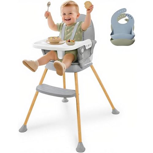 Baby High Chair, High Chairs for Babies, Portable Dining Seat with Adjustable Food Tray & Footrest, Compact Infant Feeding Chair with 2 Baby Bibs, 5-Point Harness, Easy to Fold & Clean