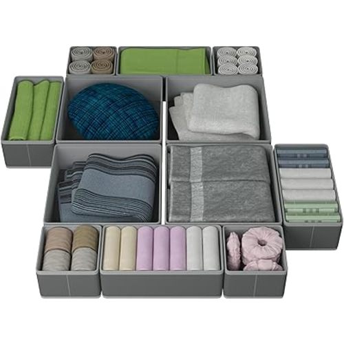 Drawer Organizer – 12 Pack Foldable Gray Fabric Storage Bins for Baby Clothes, Closet, Dresser, Nursery, Underwear, Diapers, Socks | Soft Drawer Dividers for Bedroom & Home Storage