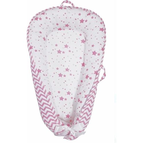 Baby Nest, Baby Lounger, Organic Cotton Lounger for Baby, Reversible Breathable Adjustable Portable - Star Collection (Pink)