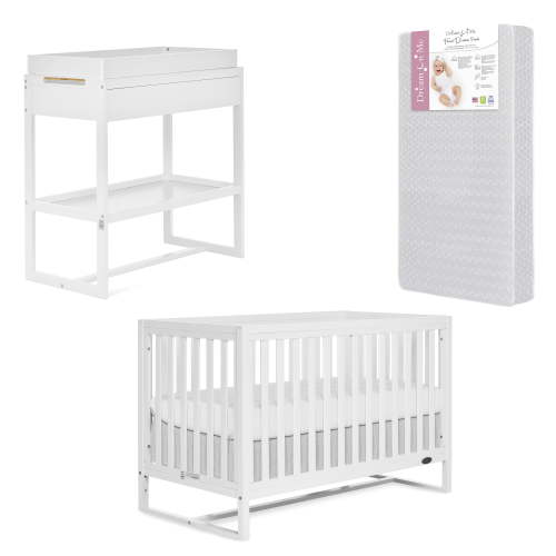 Dream On Me Nursery Bundle of Dream On Me Arlo 5-in-1 Convertible Crib, Dream On Me Arlo Changing Table, with a Dream On Me Honeycomb Orthopedic Firm Fiber Standard Crib Mattress, White
