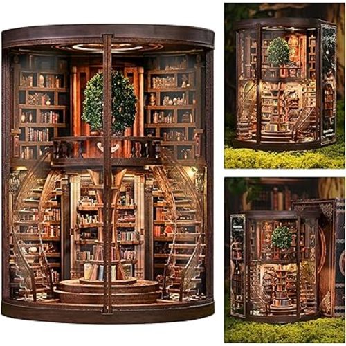 ISSEVE Book Nook Kits for Adults, Library Booknook Kit DIY Miniature Dollhouse Book Nooks, 3D Wooden Puzzle Model Creative Bookshelf Home Decoration Adult Crafts Kits Gift (Wisdom Book Repository)