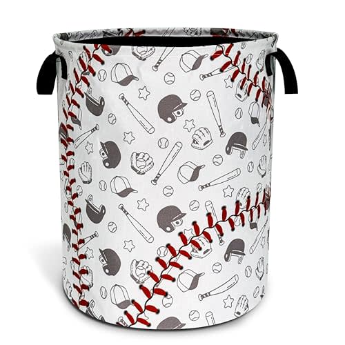 Baseball Pattern Laundry Basket Foldable Waterproof Hamper 18.9 x 16.5 Inch | Oxford Cloth With Reinforced Handles Lining Design Large-Capacity Storage For Bathrooms/Laundry Rooms/ Living Rooms/Bedrooms