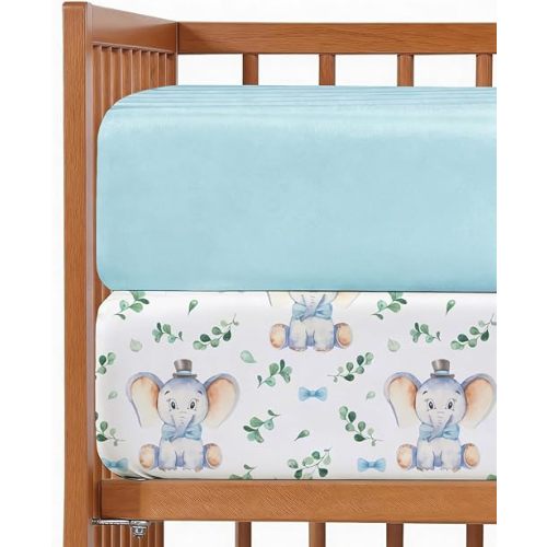 Baby Crib Sheets for Boys & Girls - Pack of 2 Fitted Microfiber Crib Sheets for Standard Crib & Toddler Mattress - Soft, Breathable & Wrinkle Free - Machine Washable, Oeko Tex - 52x28x8in - Elephant