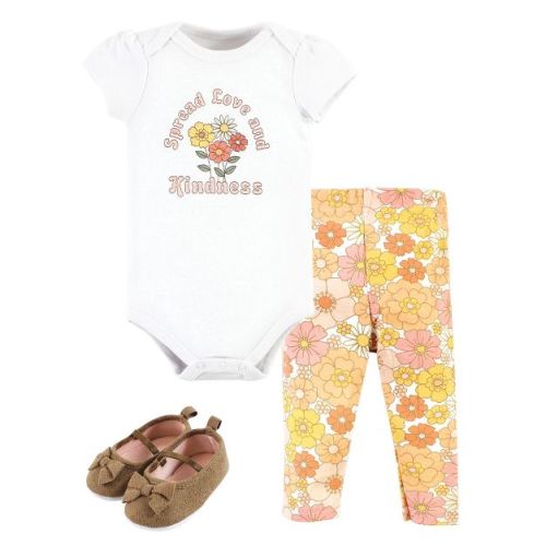 Hudson Baby Infant Girl Cotton Bodysuit, Pant and Shoe Set, Peace Love Flowers, 6-9 Months